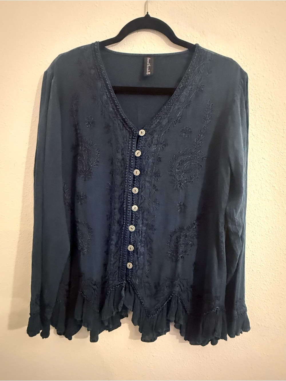 Sacred Threads Boho Embroidered Rayon Blouse Navy Blue Button Front Top OS